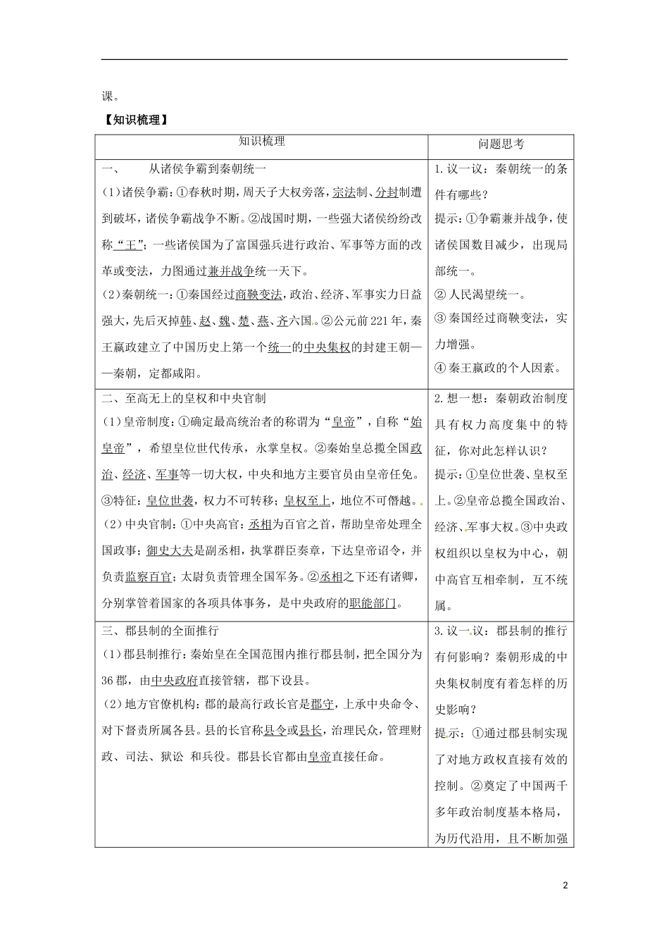 陕西省澄城县寺前中学高中历史 秦朝中央集权制度的形成教案 新人教版必修1_第2页
