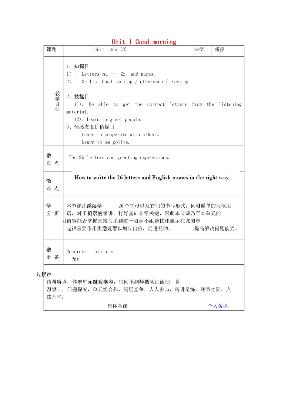 金识源秋六年级英语上册 Unit 1 Good morning（第2课时）教案 鲁教版五四制-鲁教版五四制小学六年级上册英语教案_第1页