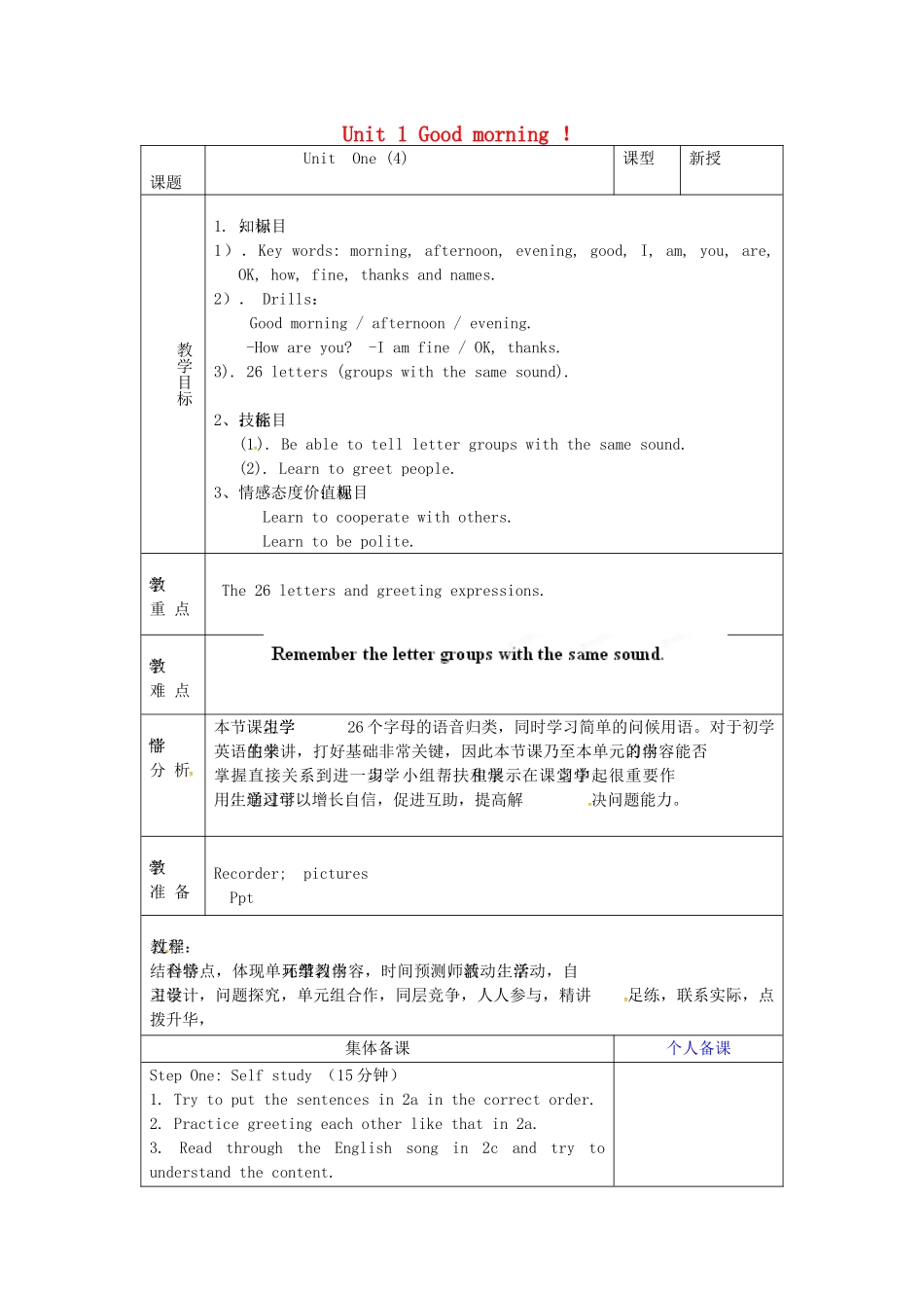 金识源秋六年级英语上册 Unit 1 Good morning（第4课时）教案 鲁教版五四制-鲁教版五四制小学六年级上册英语教案_第1页