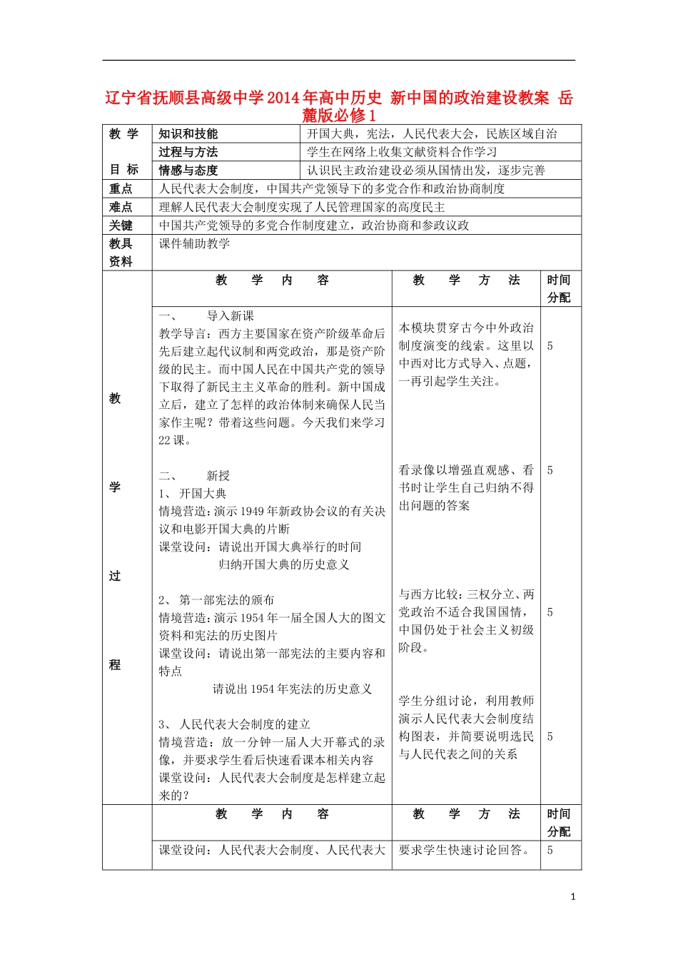 辽宁省抚顺县高级中学2014年高中历史 新中国的政治建设教案 岳麓版必修1_第1页