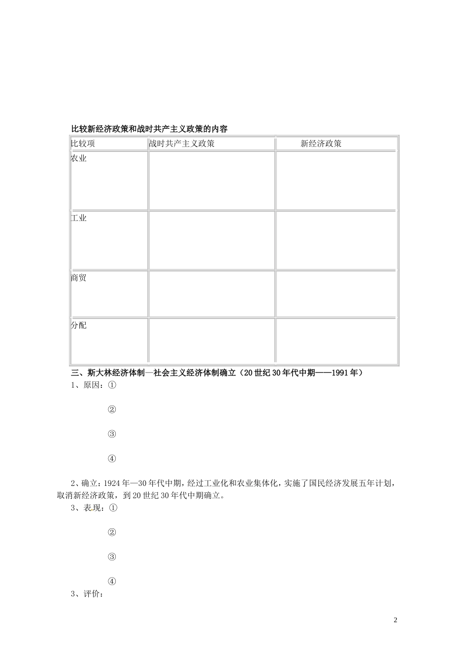 辽宁省东北育才中学2015届高三历史一轮复习 苏俄经济政策和苏联社会主义经济建设教案（无答案）_第2页