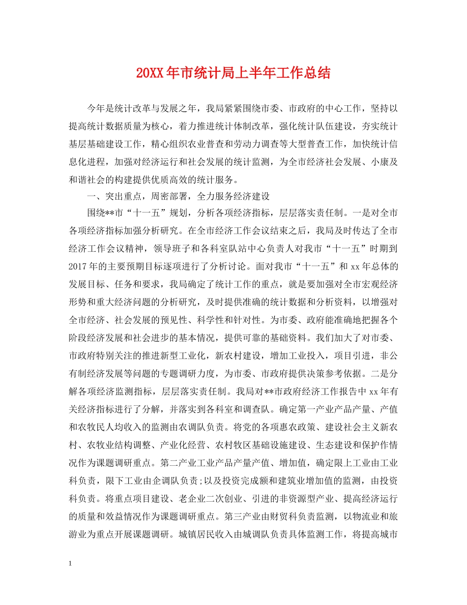 20XX年市统计局上半年工作总结 _第1页