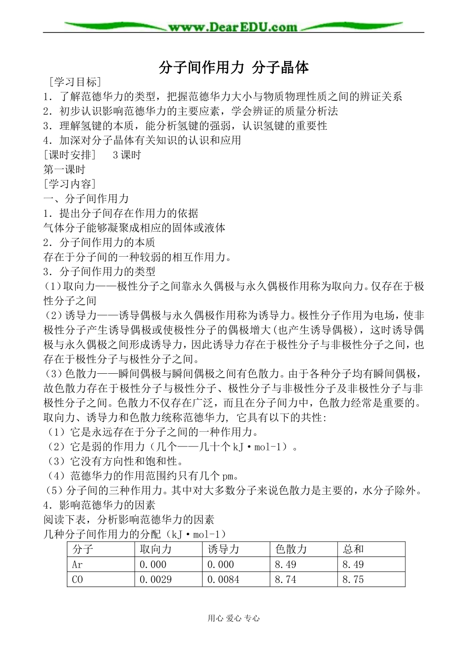 苏教版高中化学选修3分子间作用力 分子晶体教案_第1页