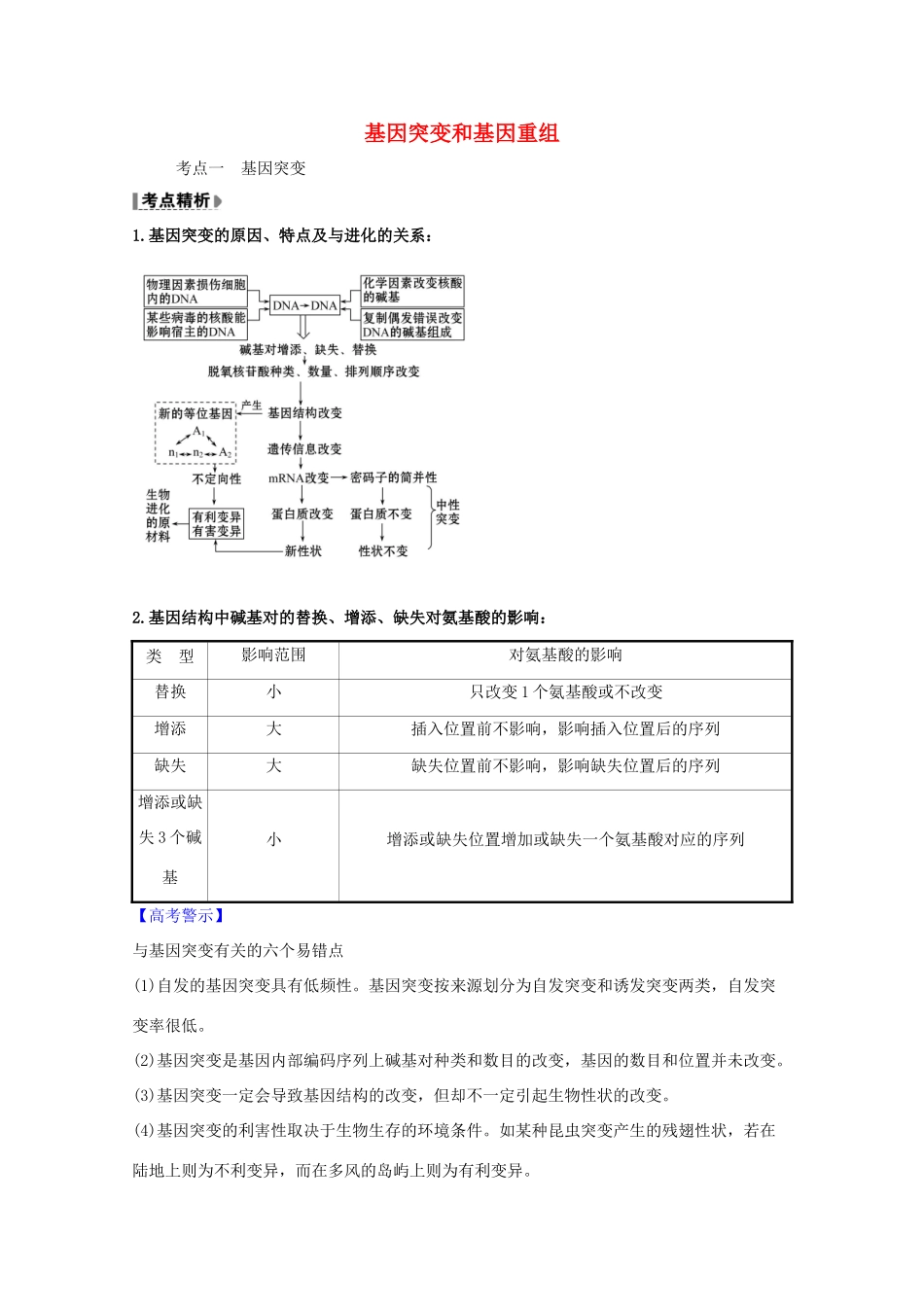 版高考生物一轮复习 第5章 基因突变及其他变异 1 基因突变和基因重组教案 新人教版必修2-新人教版高三必修2生物教案_第1页