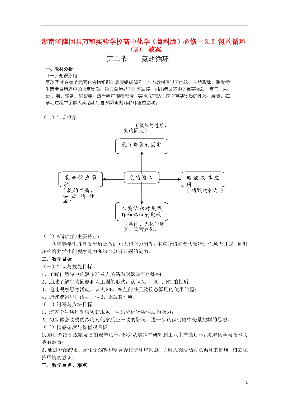 湖南省隆回县万和实验学校高中化学 3.2 氮的循环教案（2） 鲁科版必修1_第1页