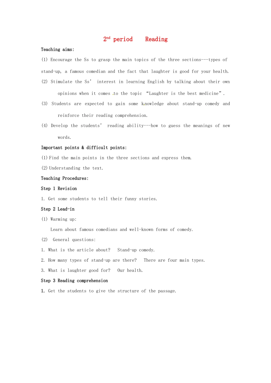 湖南省株洲市第四中学高二英语Module 6《Unit 1 Laughter is good for you》period 2教案_第1页