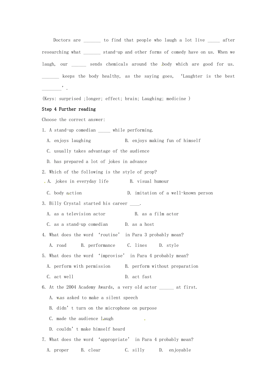 湖南省株洲市第四中学高二英语Module 6《Unit 1 Laughter is good for you》period 2教案_第3页