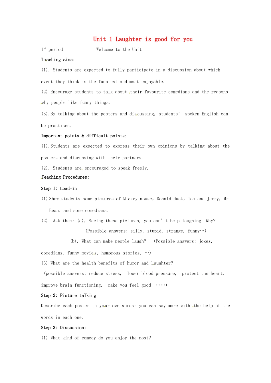 湖南省株洲市第四中学高二英语Module 6《Unit 1 Laughter is good for you》period 1教案_第1页