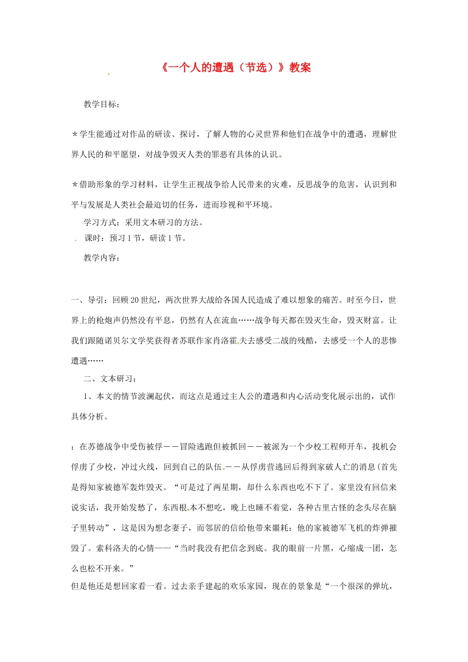 湖南省师范大学附属中学高三语文总复习 一个人的遭遇教案_第1页