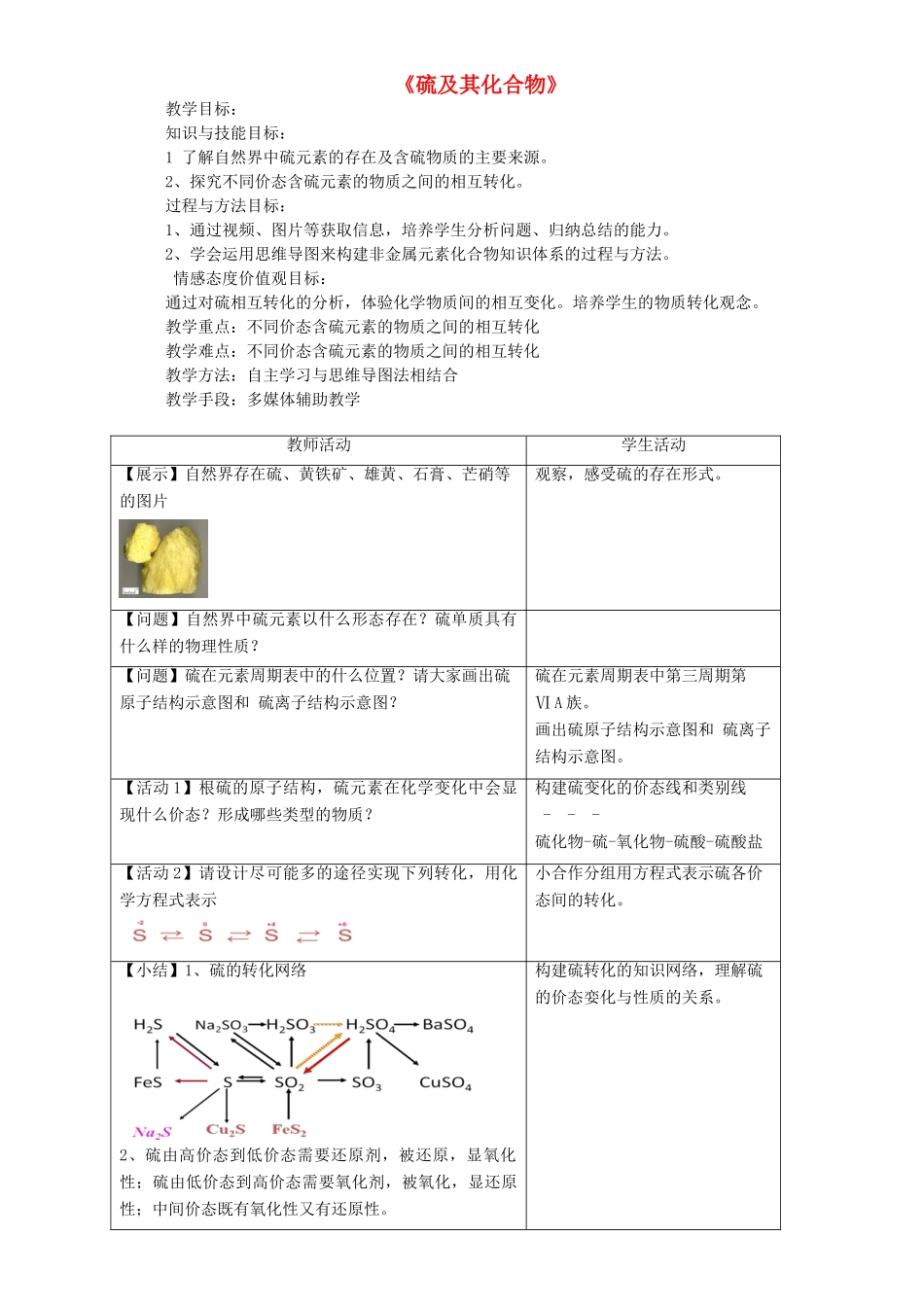海南省海口市高三化学一轮复习《硫及其化合物》复习教案-人教版高三全册化学教案_第1页