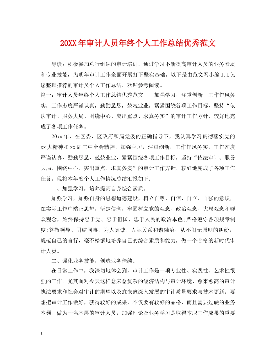 20XX年审计人员年终个人工作总结优秀范文 _第1页