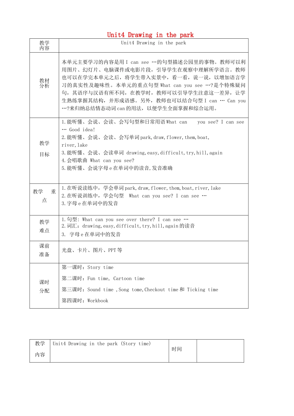 春四年级英语下册 Unit 4 Drawing in the park单元教案 （新版）牛津译林版-牛津版小学四年级下册英语教案_第1页