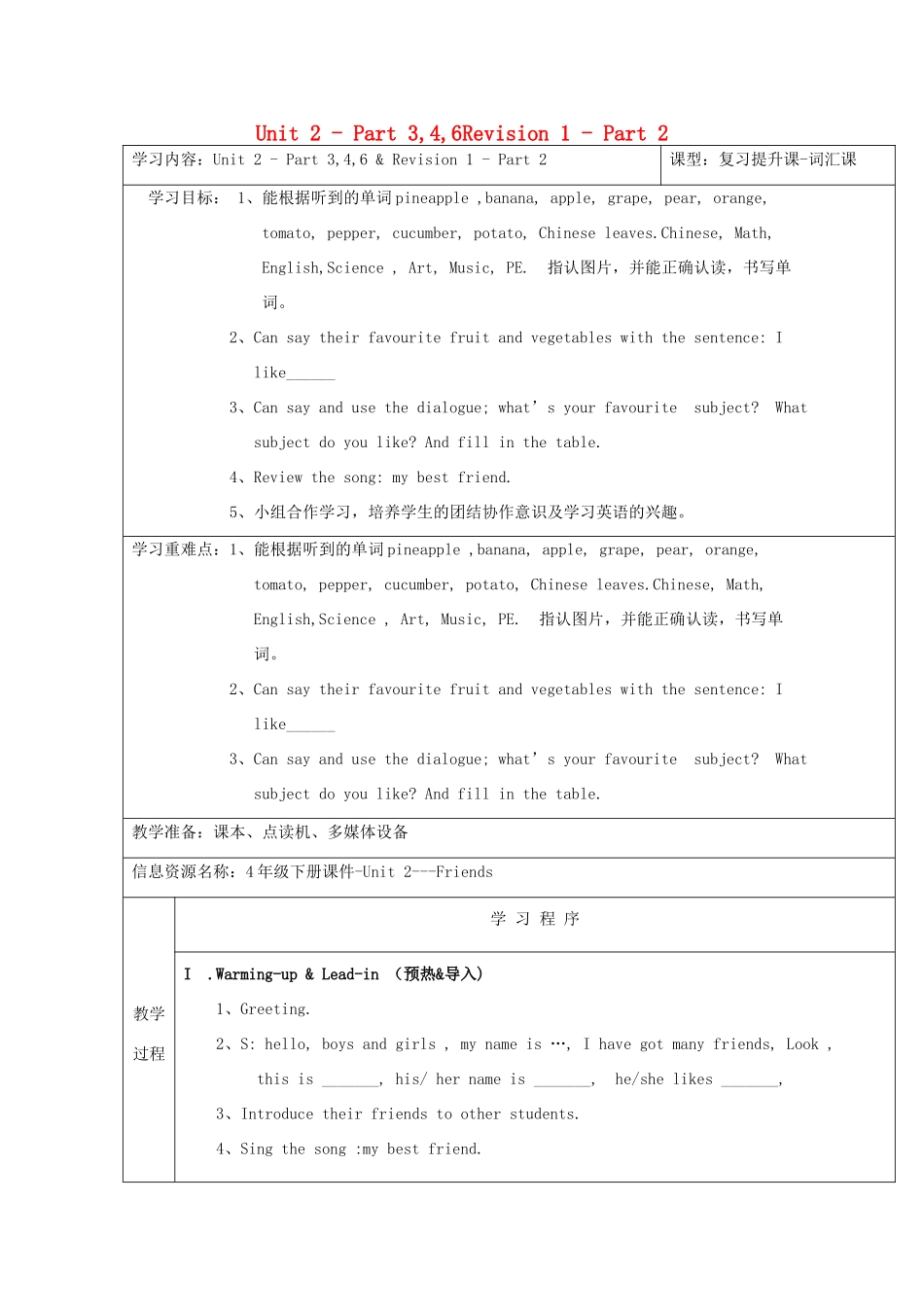 春四年级英语下册 Unit 2 Friends Part 3 4 6 Revision 1 Part 2教案 剑桥版-人教版小学四年级下册英语教案_第1页