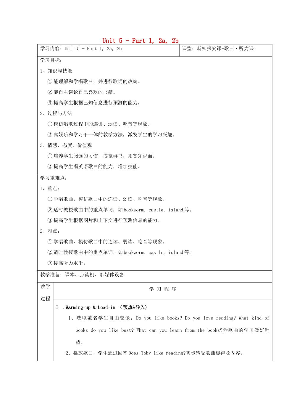 春六年级英语下册 Unit 5 I love reading Part 1 2a 2b教案 剑桥版-人教版小学六年级下册英语教案_第1页