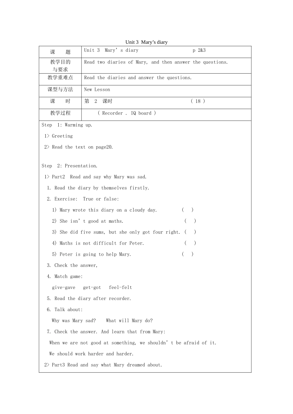 春六年级英语下册 Unit 3 Mary's diary（Part 2 3）教案 剑桥版-人教版小学六年级下册英语教案_第1页