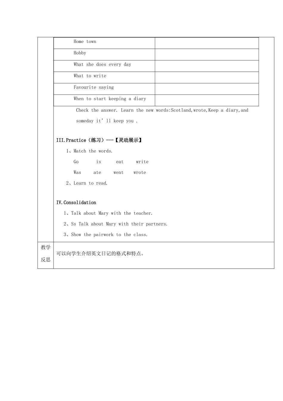 春六年级英语下册 Unit 3 mary's diary Part 1 Pairwork教案 剑桥版-人教版小学六年级下册英语教案_第2页