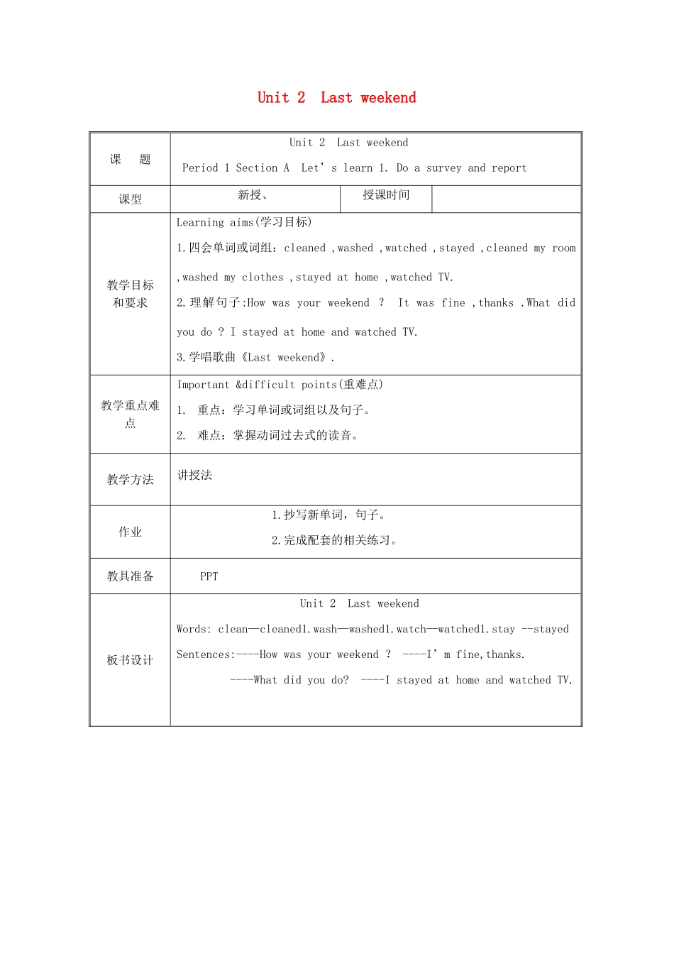 春六年级英语下册 Unit 2 Last weekend教案4 人教PEP版-人教PEP小学六年级下册英语教案_第1页