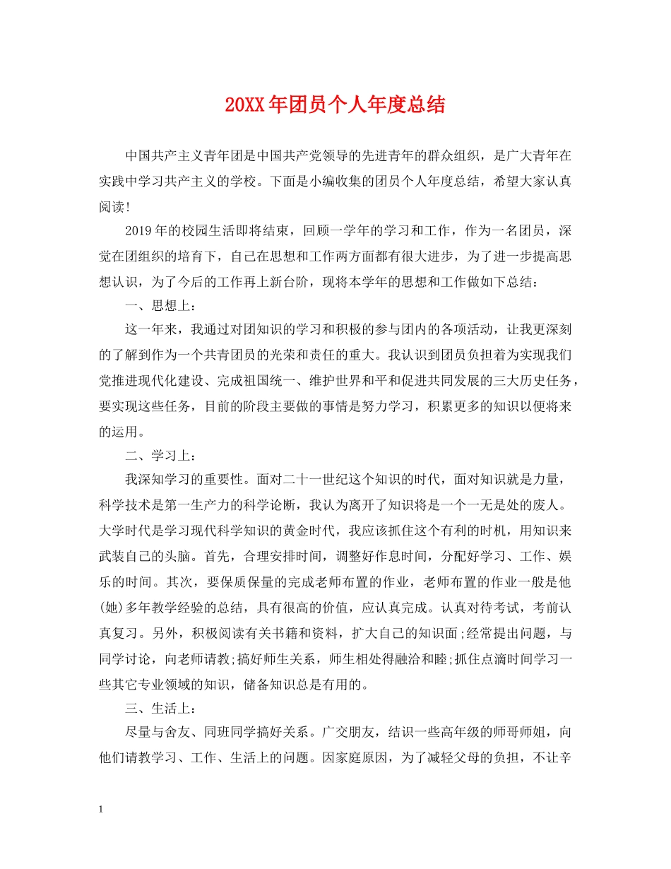 20XX年团员个人年度总结 _第1页
