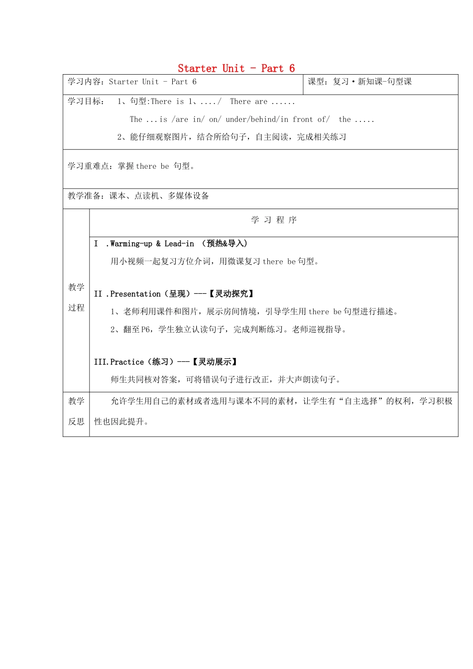 春六年级英语下册 Starter Unit Part 6教案 剑桥版-人教版小学六年级下册英语教案_第1页