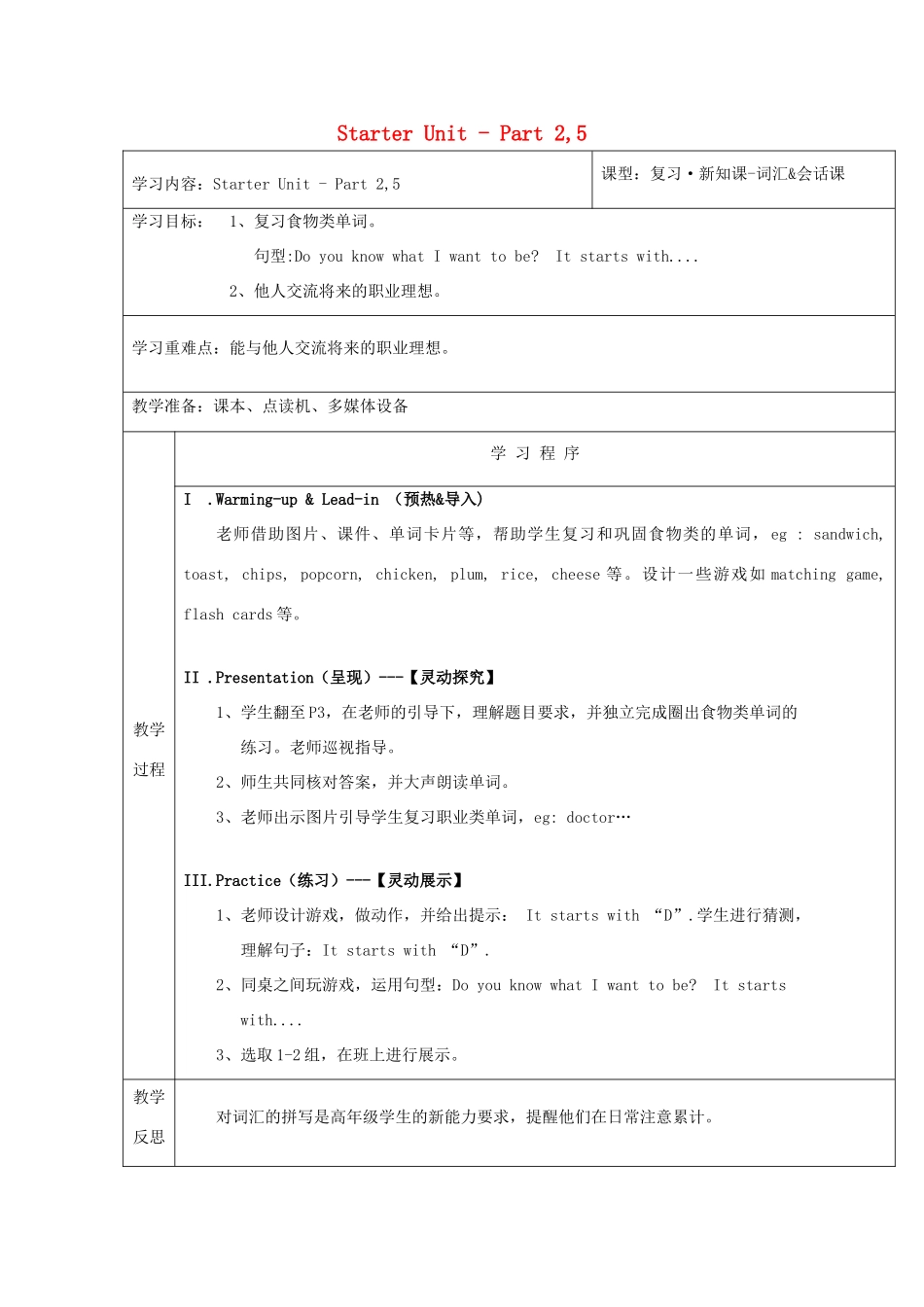 春六年级英语下册 Starter Unit Part 2 5教案 剑桥版-人教版小学六年级下册英语教案_第1页