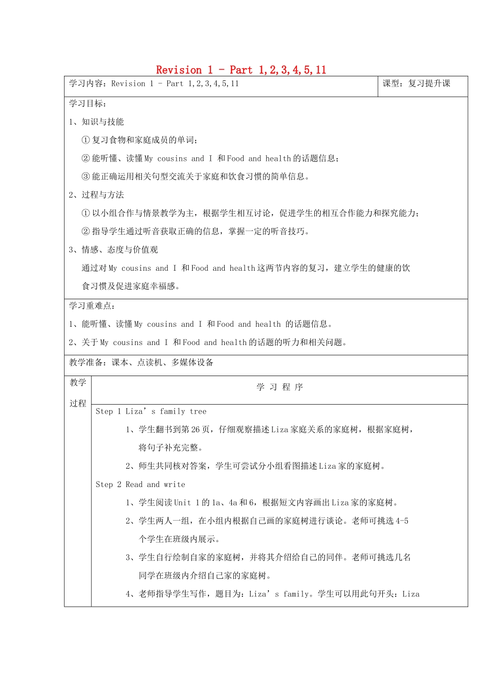 春六年级英语下册 Revision 1 Part 1 2 3 4 5 11教案 剑桥版-人教版小学六年级下册英语教案_第1页