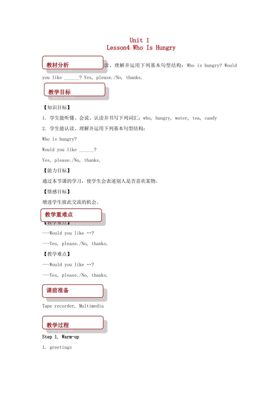 春五年级英语下册 Unit1 Going to Beijing Lesson4 Who Is Hungry教案2 冀教版（三起）-冀教版小学五年级下册英语教案_第1页