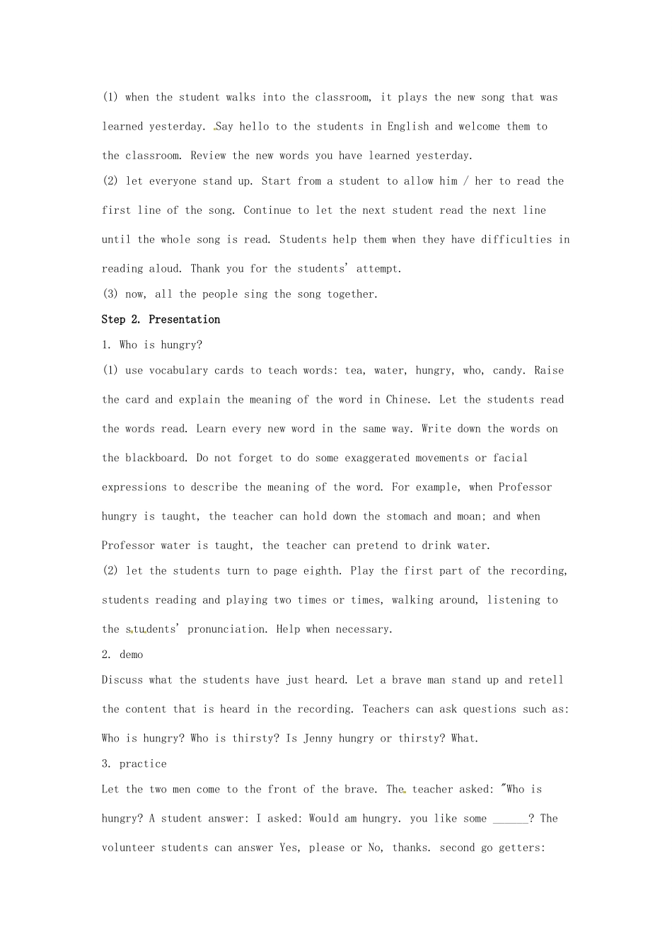 春五年级英语下册 Unit1 Going to Beijing Lesson4 Who Is Hungry教案2 冀教版（三起）-冀教版小学五年级下册英语教案_第2页