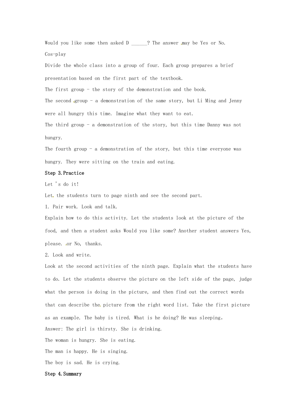 春五年级英语下册 Unit1 Going to Beijing Lesson4 Who Is Hungry教案2 冀教版（三起）-冀教版小学五年级下册英语教案_第3页