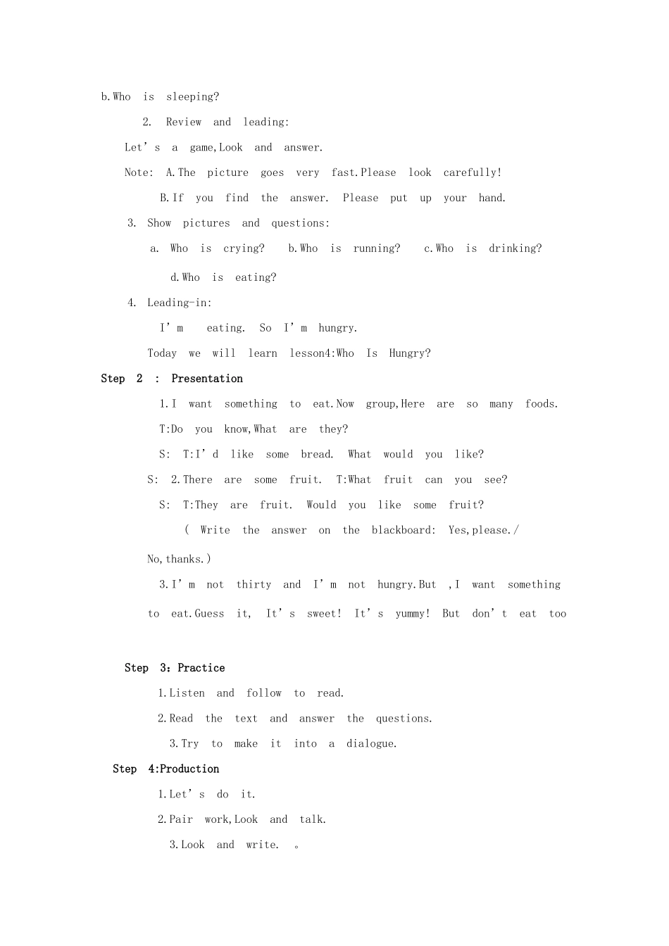 春五年级英语下册 Unit1 Going to Beijing Lesson4 Who Is Hungry教案1 冀教版（三起）-冀教版小学五年级下册英语教案_第2页