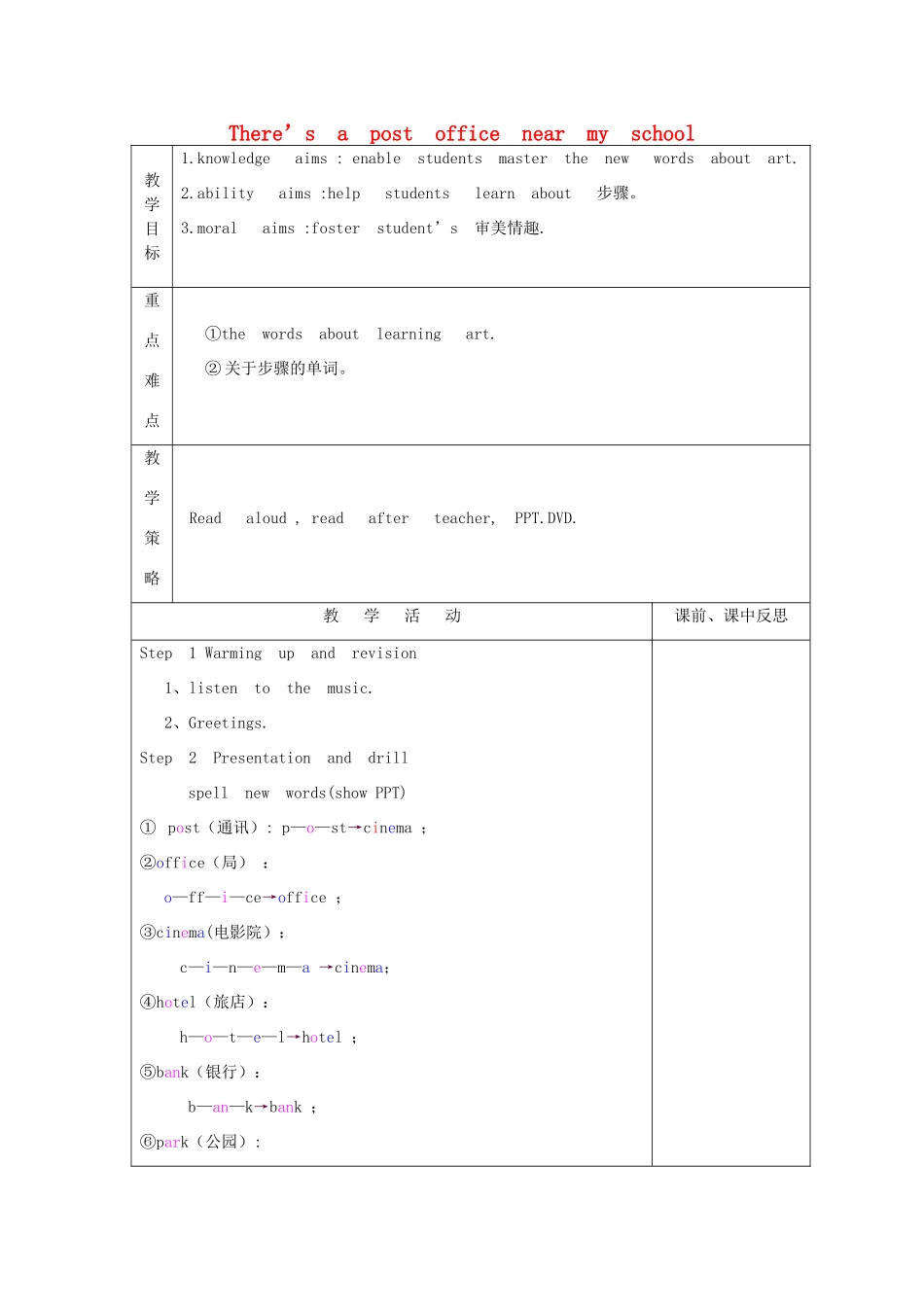 春五年级英语下册 Unit 7《There’s a post office near my school》教案 （新版）湘少版-湘少版小学五年级下册英语教案_第1页