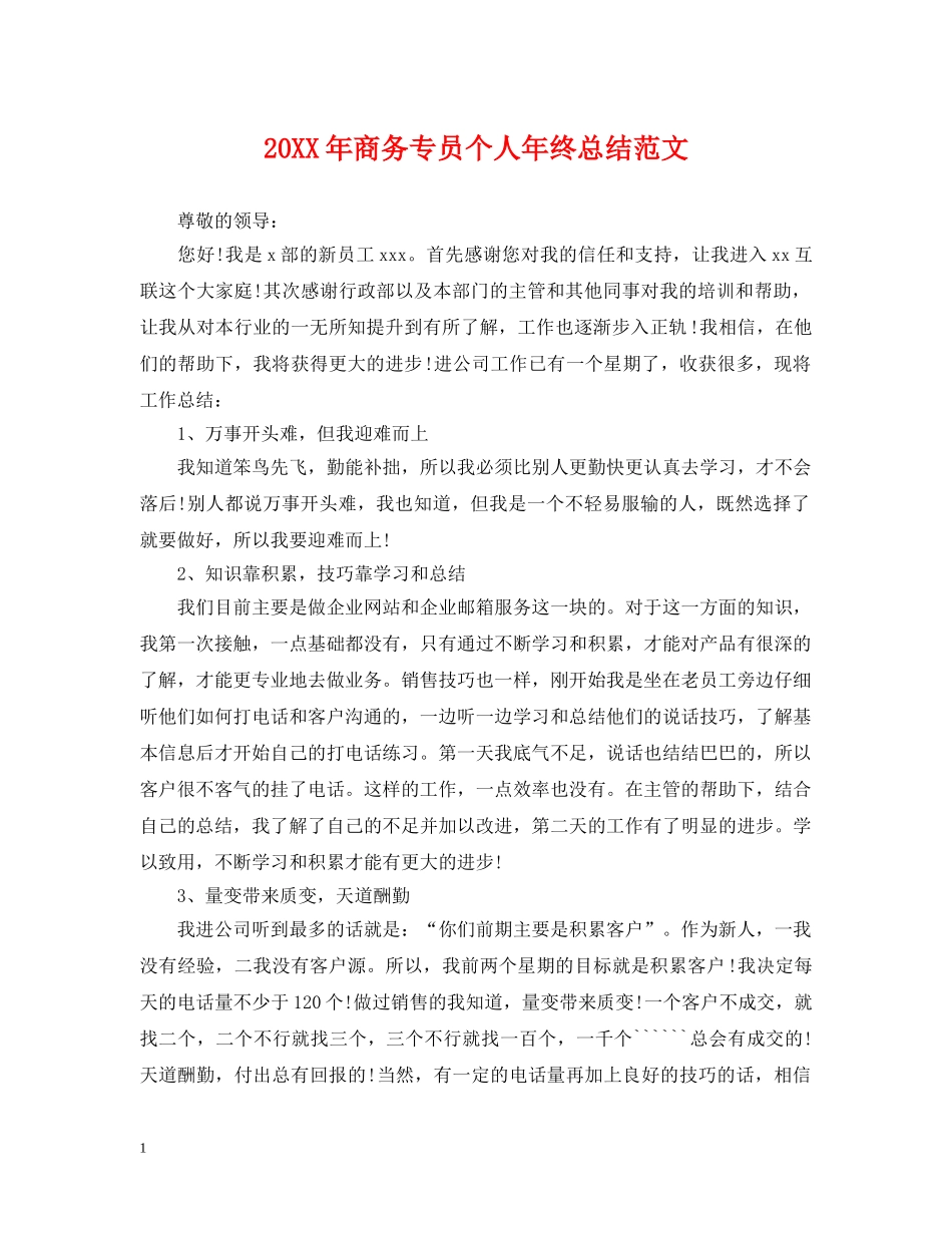 20XX年商务专员个人年终总结范文 _第1页