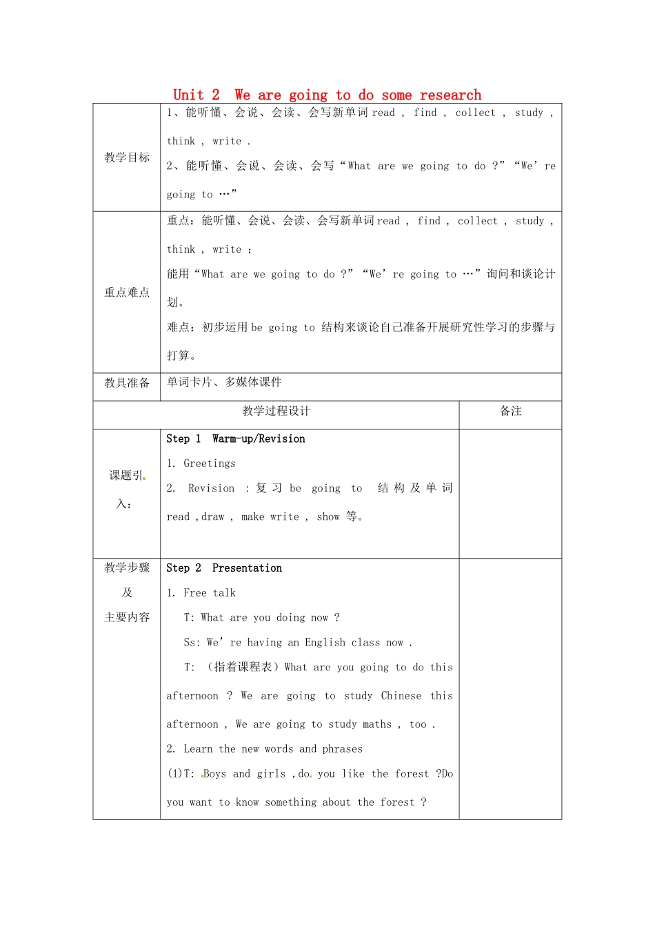 春五年级英语下册 Unit 2 We're going to do some research教案 湘少版-湘少版小学五年级下册英语教案_第1页