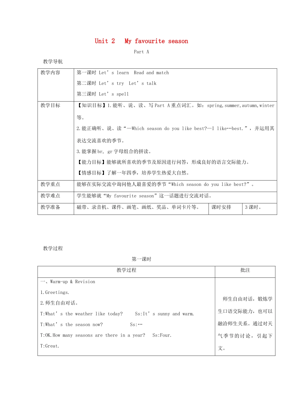 春五年级英语下册 Unit 2 My favourite season教案（二） 人教PEP版-人教PEP小学五年级下册英语教案_第1页