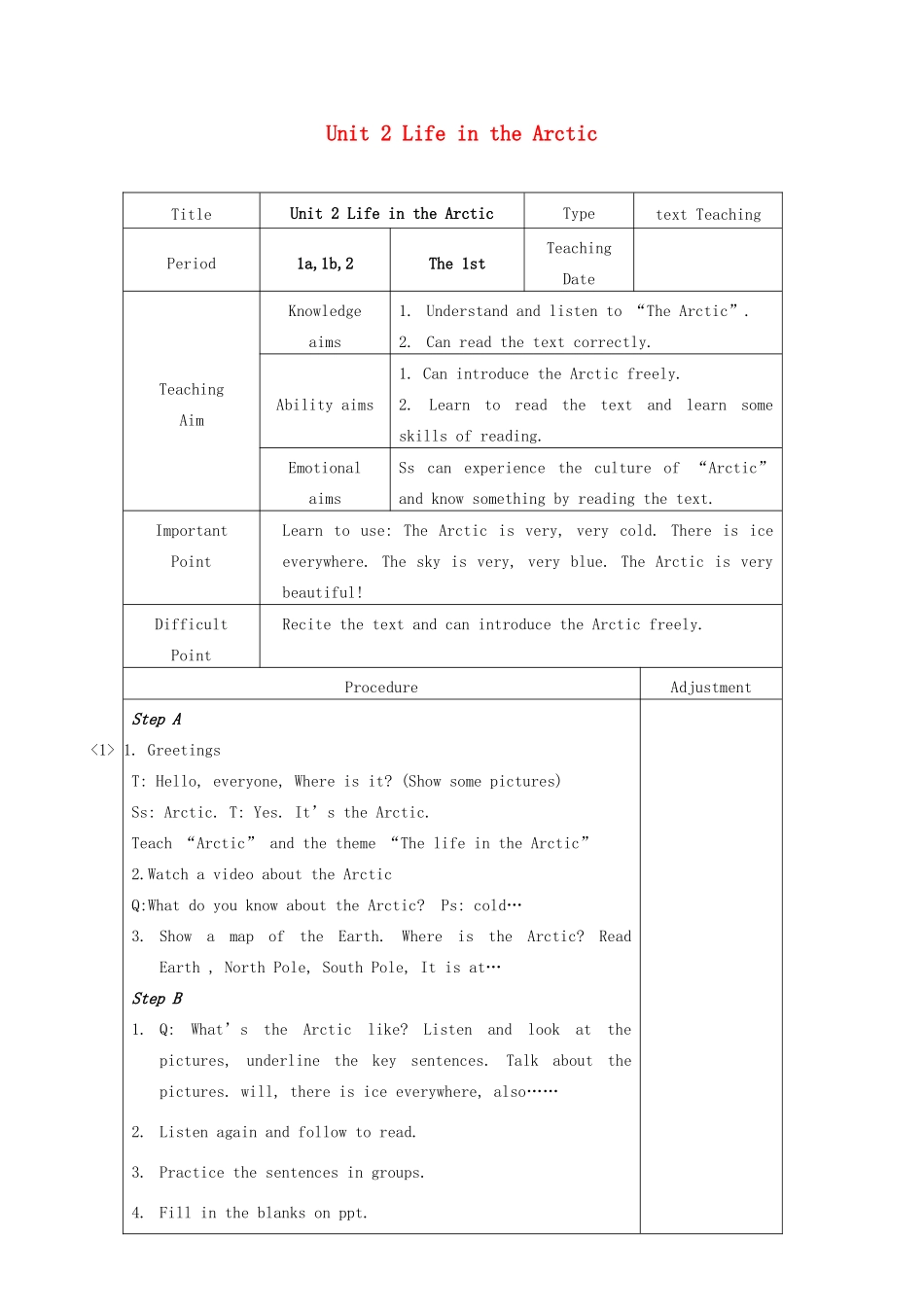 春五年级英语下册 Unit 2 Life in the Arctic教案 剑桥版-人教版小学五年级下册英语教案_第1页