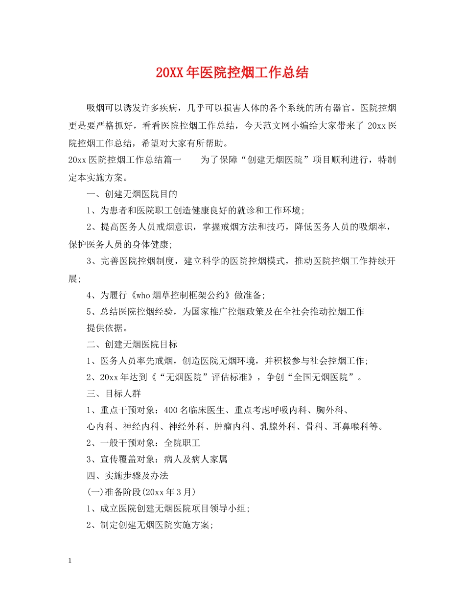 20XX年医院控烟工作总结 _第1页