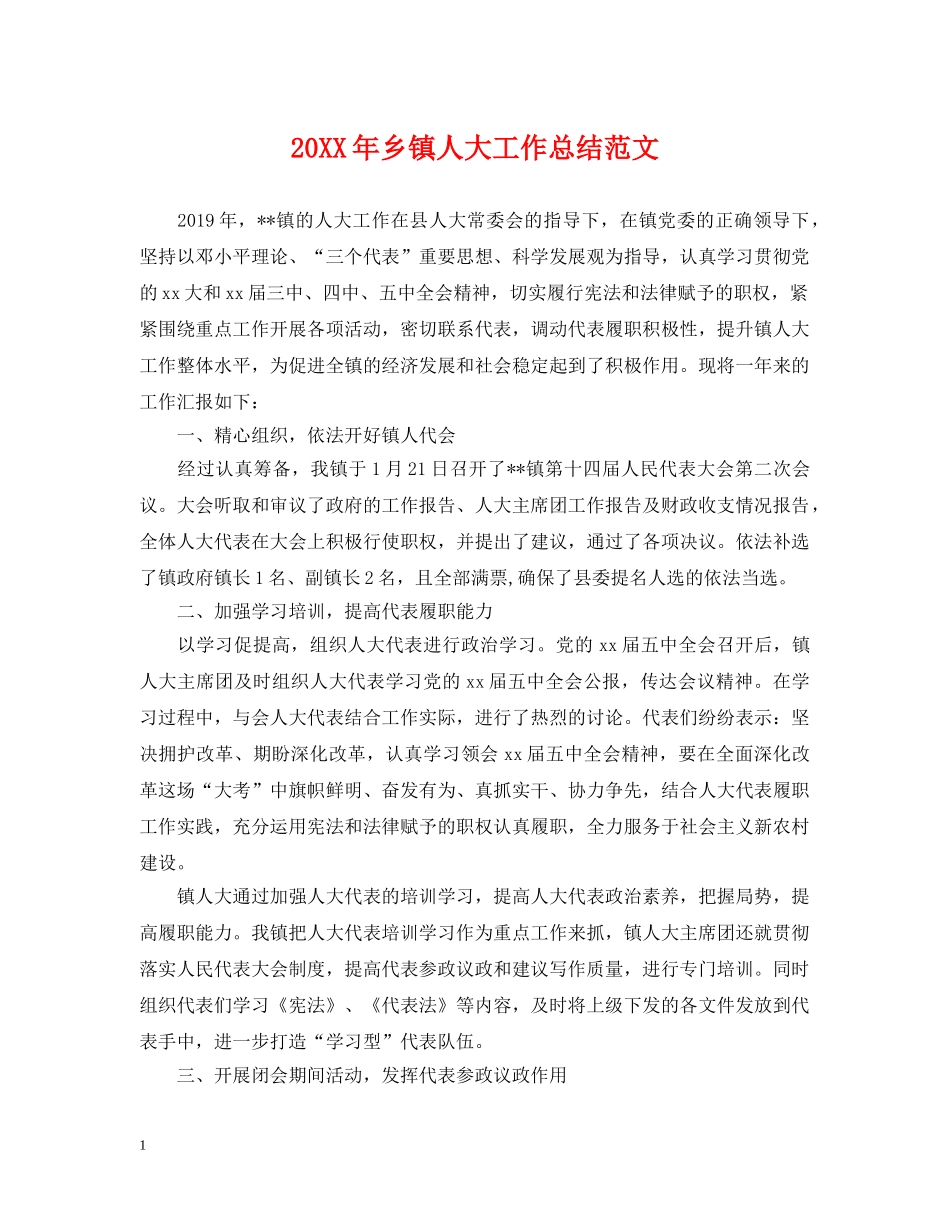 20XX年乡镇人大工作总结范文 _第1页
