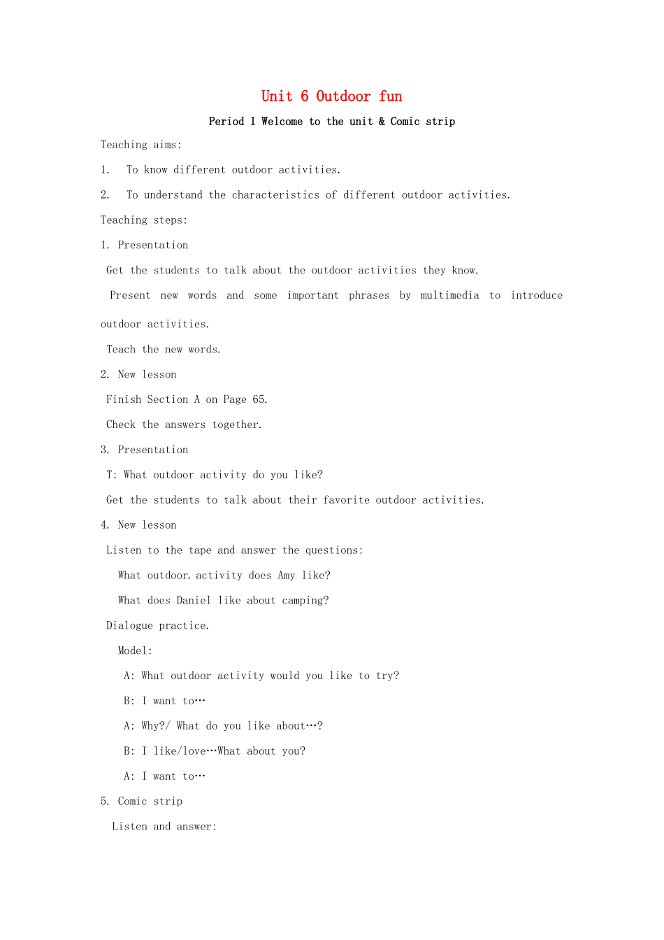 春三年级英语下册 Unit 6《Outdoor Fun》教案2 广东版开心-广东版小学三年级下册英语教案_第1页