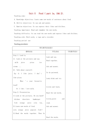 春三年级英语下册 Unit 5 Food ( part 1a 1b 2）教案 剑桥版-人教版小学三年级下册英语教案