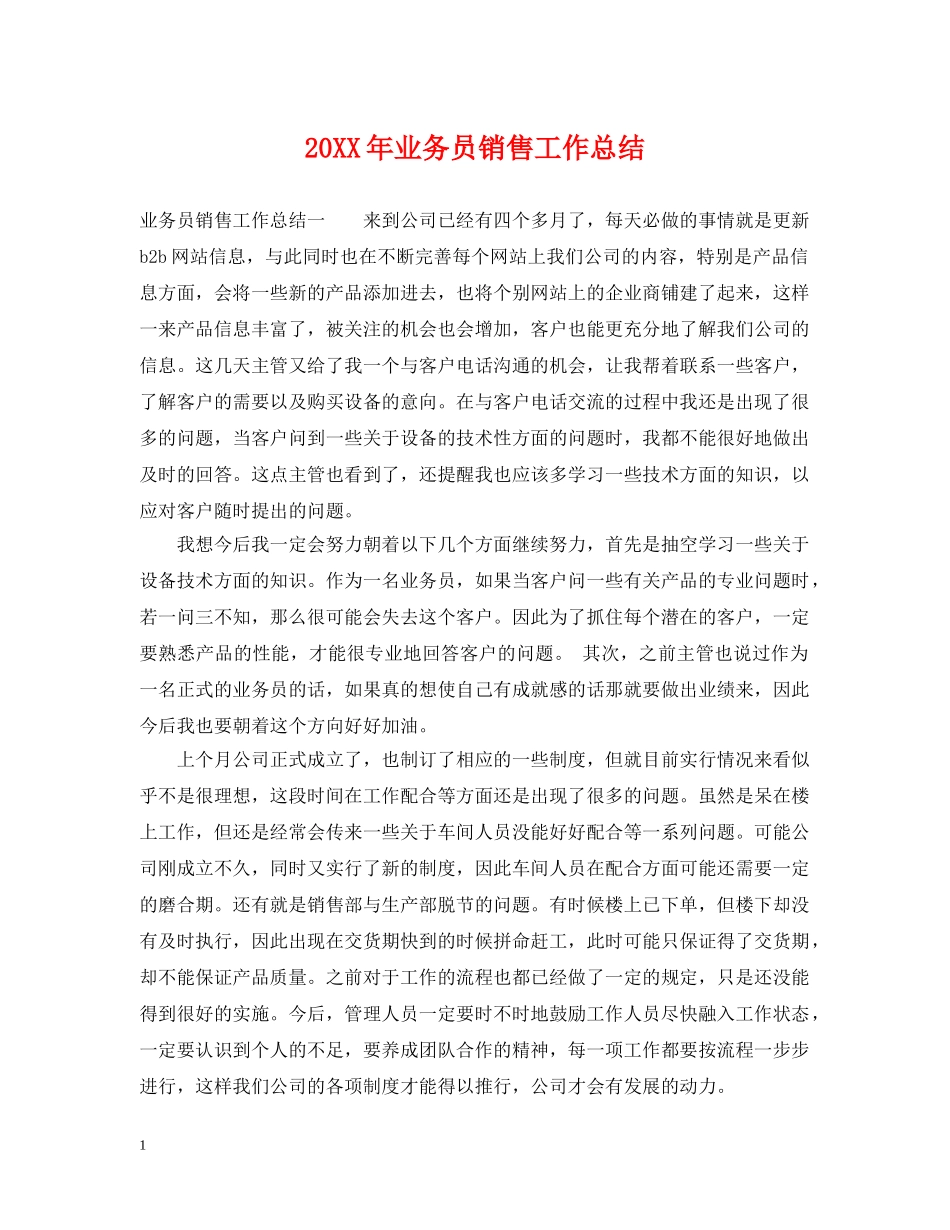 20XX年业务员销售工作总结 _第1页