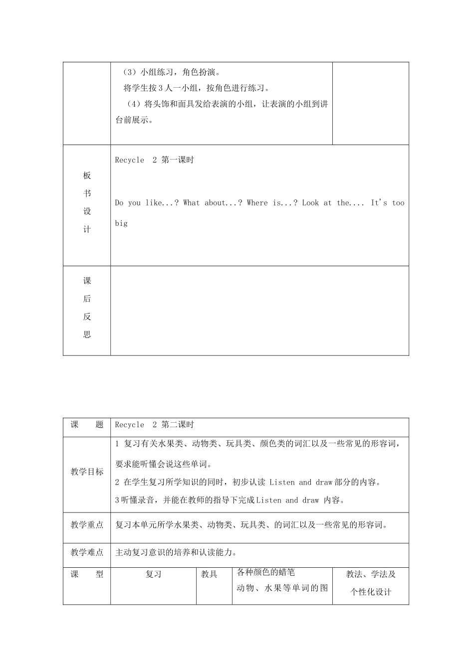 春三年级英语下册 Recycle 2 教案（二） 人教PEP版-人教PEP小学三年级下册英语教案_第2页