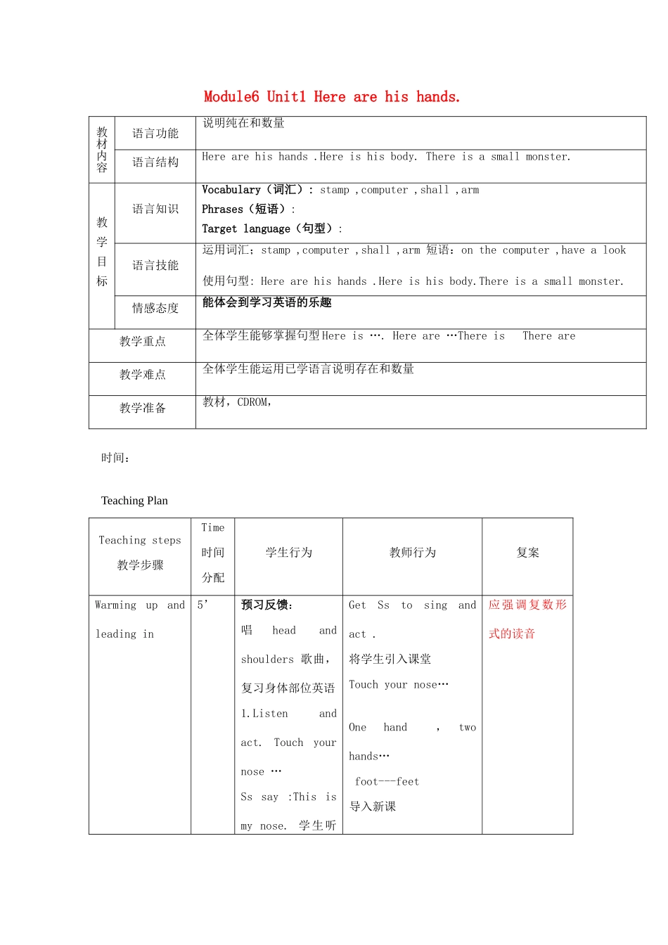 春三年级英语下册 Module 6 Unit 1《Here are his hands》教案 外研版（一起）-外研版小学三年级下册英语教案_第1页