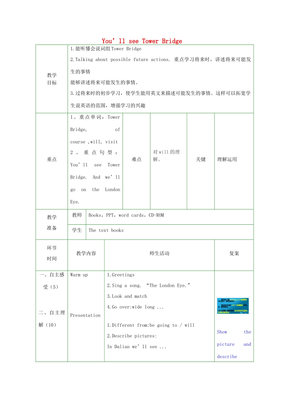春三年级英语下册 Module 2 Unit 2《You’ll see Tower Bridge》教案1 外研版（一起）-外研版小学三年级下册英语教案_第1页