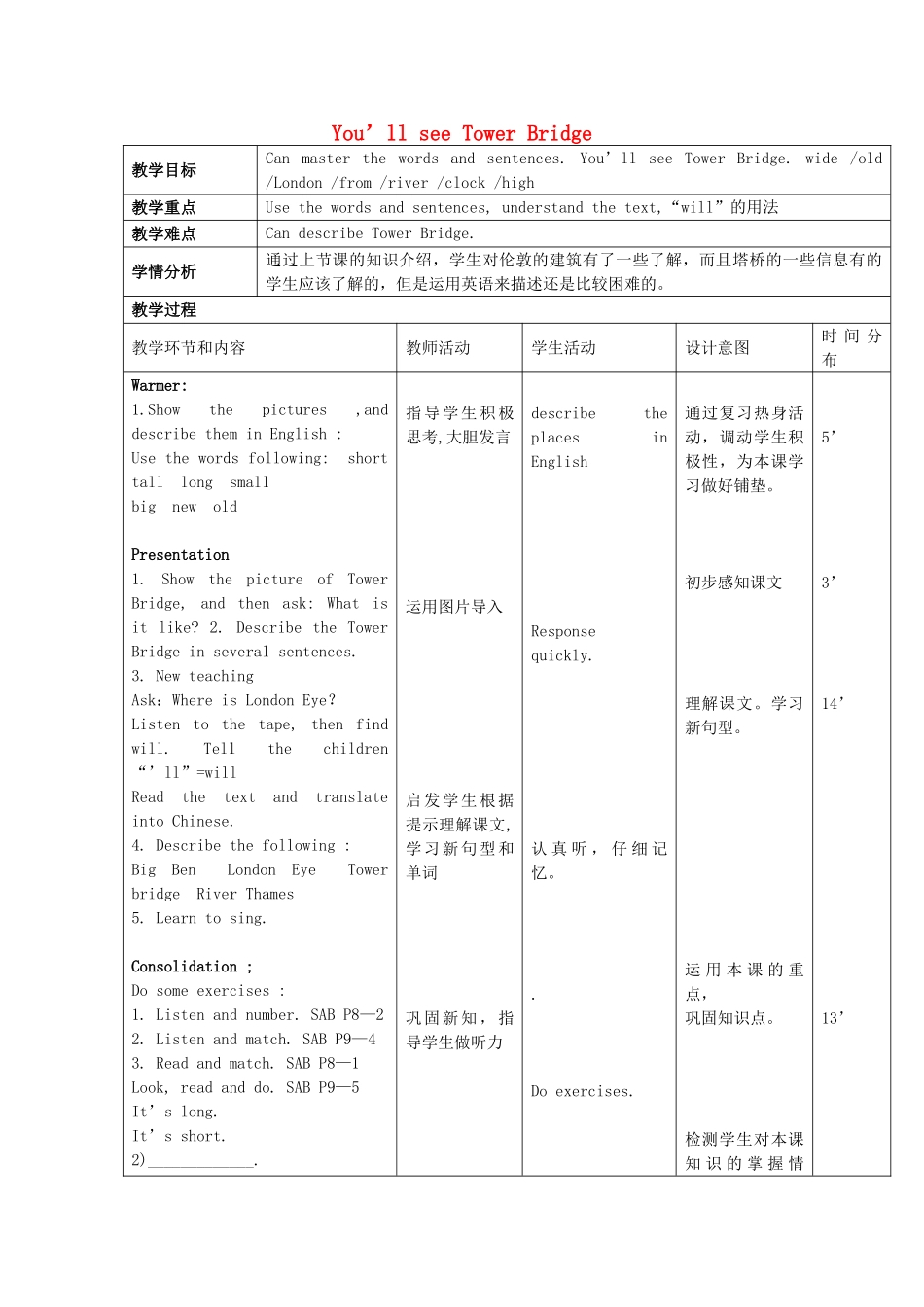 春三年级英语下册 Module 2 Unit 2《You’ll see Tower Bridge》教案2 外研版（一起）-外研版小学三年级下册英语教案_第1页