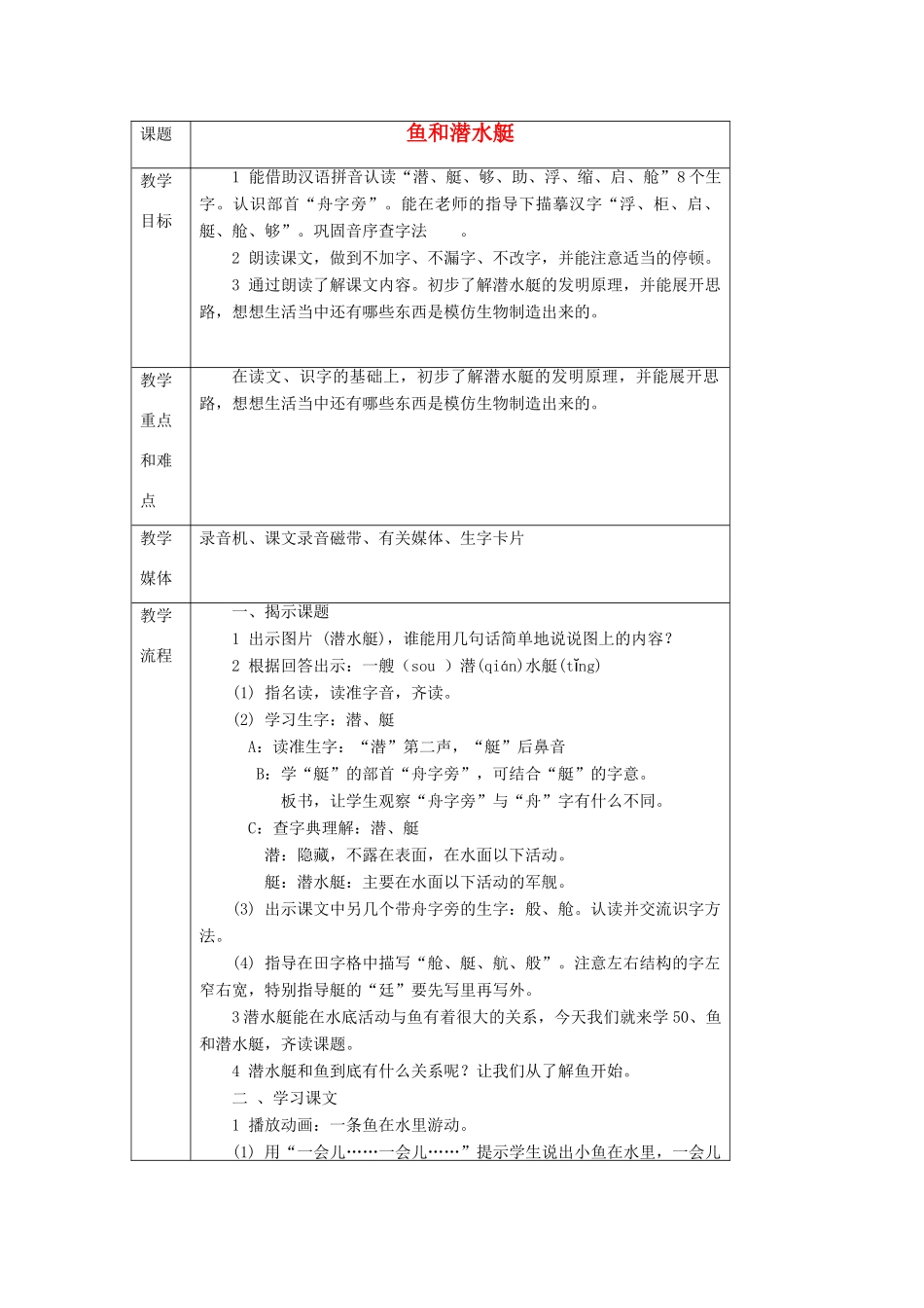 春一年级语文下册《鱼和潜水艇》教案2 沪教版-沪教版小学一年级下册语文教案_第1页