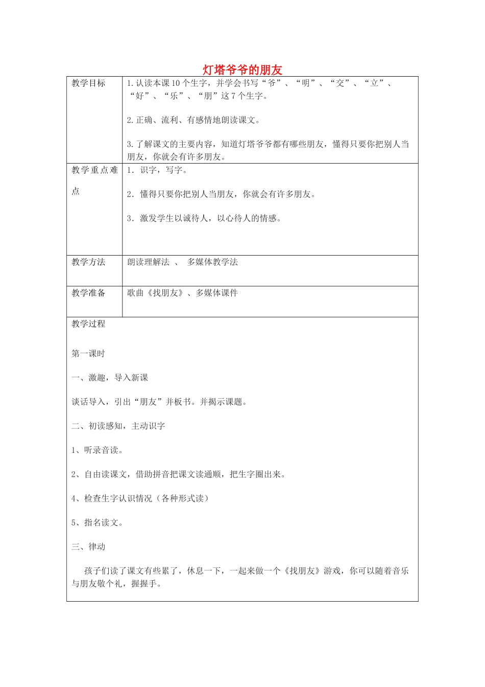 春一年级语文下册《灯塔爷爷的朋友》教案 冀教版-冀教版小学一年级下册语文教案_第1页