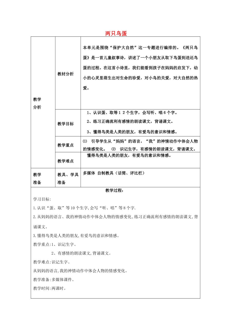 春一年级语文下册《两只鸟蛋》教学设计 鲁教版-鲁教版小学一年级下册语文教案_第1页