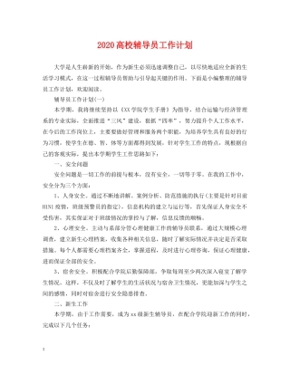 2020高校辅导员工作计划 