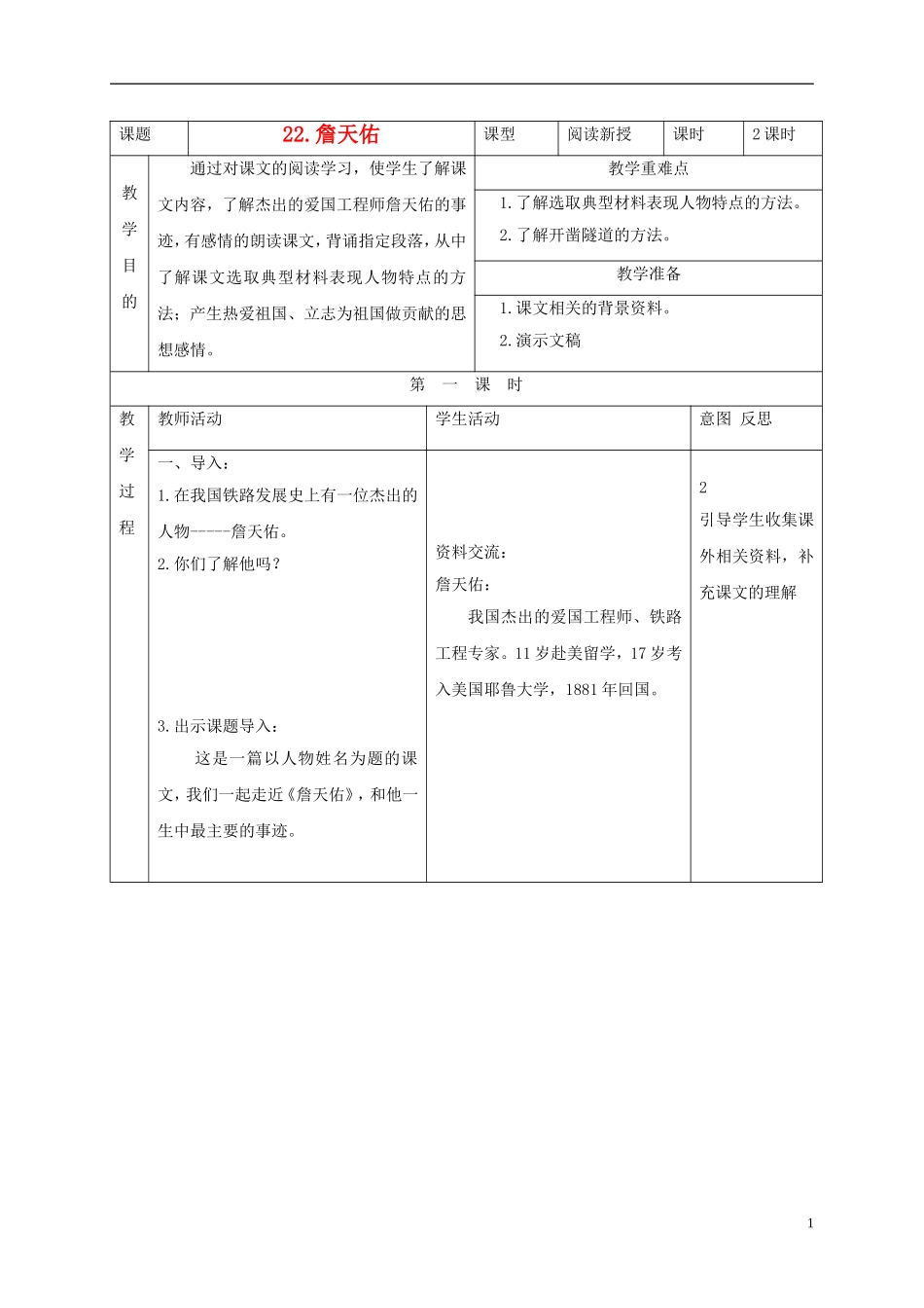 六年级语文下册 詹天佑 5教案 北京版_第1页