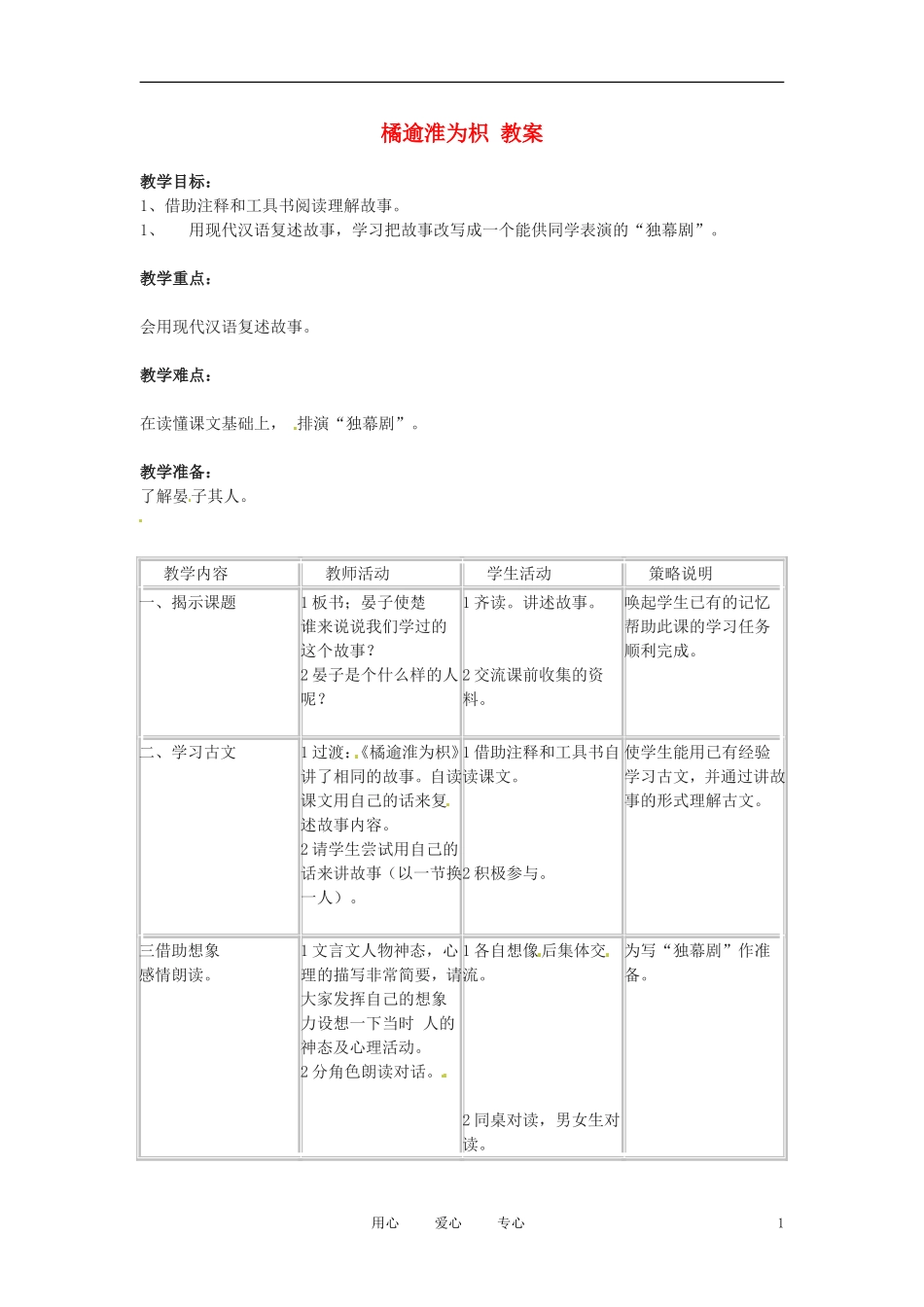 六年级语文下册 第42课《橘逾淮为枳》教案 上海版（五四制）_第1页