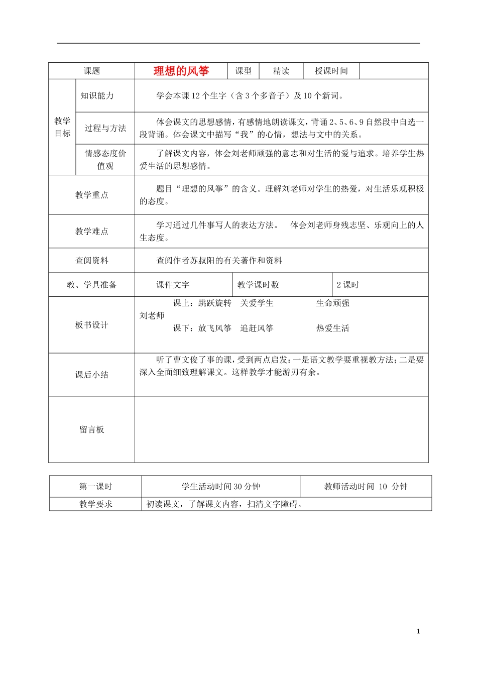 六年级语文下册 理想的风筝 1教案 北京版_第1页